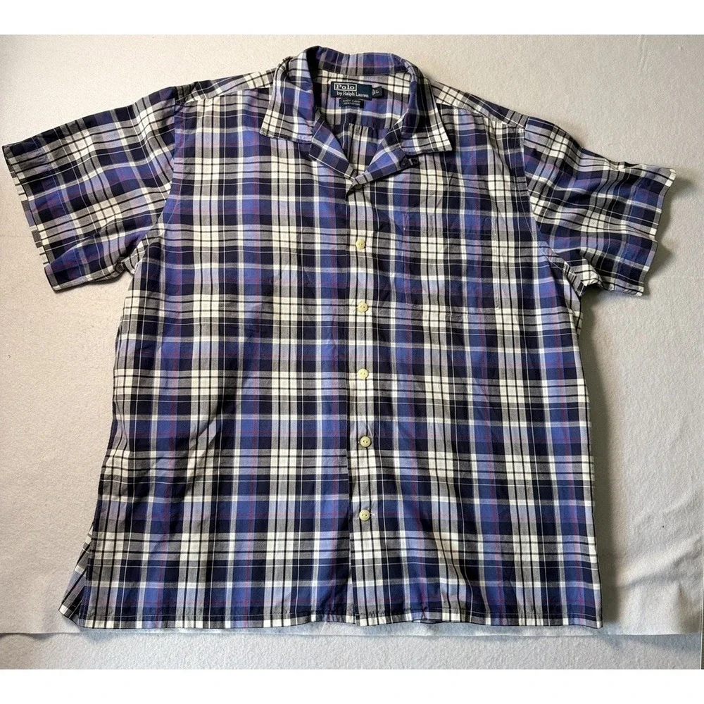Vtg Polo Ralph Lauren Andy Camp Shirt Mens L Blue Plaid Short Sleeve Button Up
